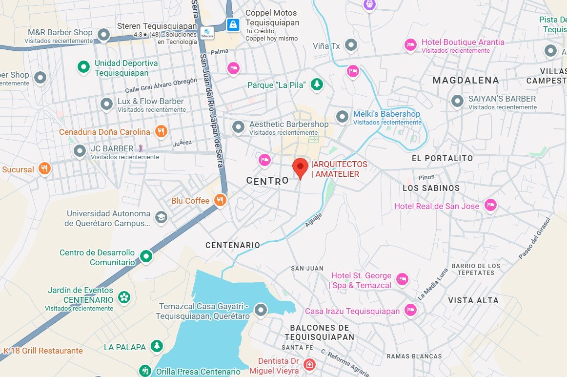 Mapa de la zona centro de Tequisquiapan, Querétaro, con la ubicación del despacho